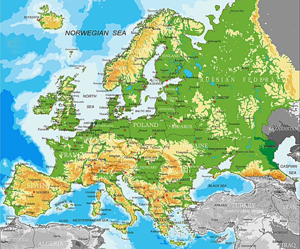 Фото: Физическая карта Европы, равнинный и горный ландшафт