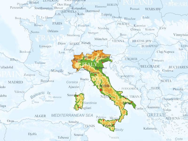 Фото: Карта Италии в Европе, Лигурия в северо-западной части